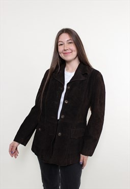 Vintage 80s leather blazer, women retro brown button jacket