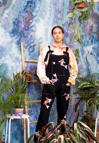HAND PAINTED BLACK KOI ORGANIC DUNGAREES