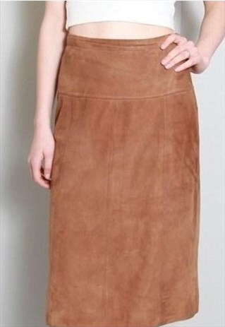 VINTAGE 1970'S BROWN SOFT SUEDE MIDI SKIRT