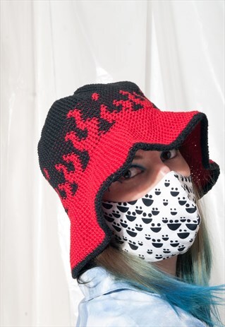 VINTAGE BUCKET HAT Y2K FLAME HANDMADE KNIT GRUNGE OZORA HAT