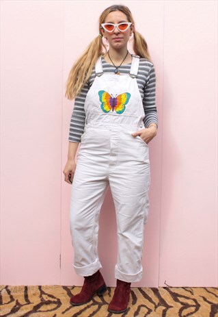 BUTTERFLY HAND PAINTED FESTIVAL WHITE DENIM LONG DUNGAREES