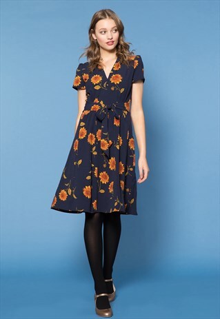 NAVY BUTTON UP FLORAL PRINT DRESS