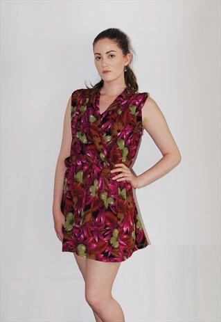 WOMENS VINTAGE PINK PURPLE FLORAL SLEEVELESS FLOATY DRESS