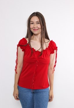 90s ruched front tie blouse in red, vintage boat neck crop 