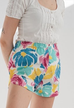 Vintage Highwaisted Colourful Floral Cotton Beach Shorts M