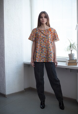 VINTAGE 70'S MULTICOLOUR FLOWER PRINT SHORT SLEEVED BLOUSE