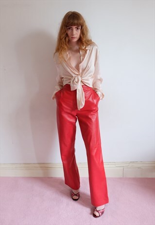 VINTAGE 80S VALENTINO RED LEATHER STRAIGHT CUT TROUSERS