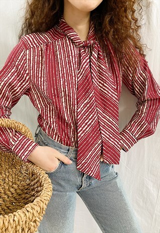 VINTAGE 60S PARISIAN MOD ABSTRACT PRINT PUSSYBOW TOP BLOUSE