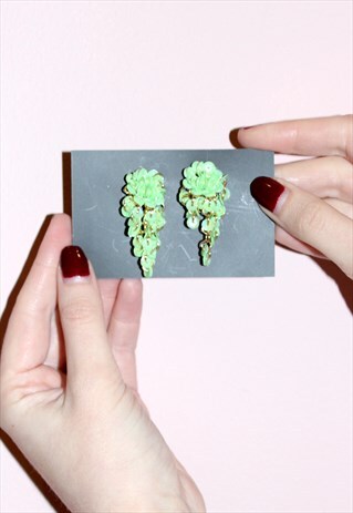 80S VINTAGE GREEN SEQUIN FLOWER DROP EARRINGS FESTIVAL