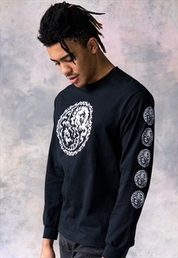 Yin Yang Dragon Long Sleeve Logo Print Black T Shirt Tee Men