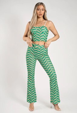 Green Abstract Printed Crop Top & Flare Trousers Co-Ord