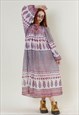 Vintage 70s Boho Pleated Maxi Long Sleeve Cotton Dress S/M