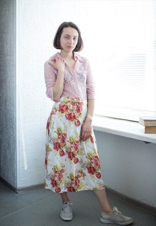 VINTAGE 80'S CREAM FLOWER PATTERNED HIGH WAISTED MIDI SKIRT