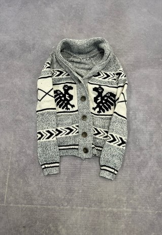 ABSTRACT KNITTED CARDIGAN BIRD PATTERNED CHUNKY KNIT