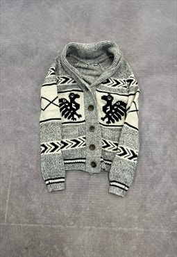 Abstract Knitted Cardigan Bird Patterned Chunky Knit