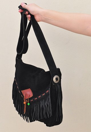 BLACK SUEDE FRINGED FESTIVAL BOHO CROSS BODY BAG