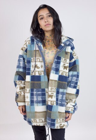 VINTAGE 90'S COSY BLOCK PATTERNED FLEECE