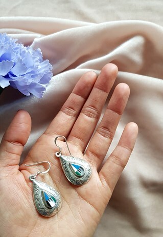 VINTAGE STERLING SILVER AZTEC DROPLET EARRINGS