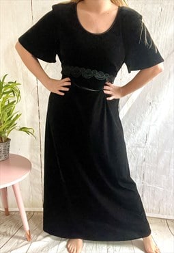 Vintage Black Velvet Floral Waistband 90's Maxi Dress