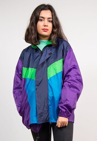 VINTAGE 90'S PURPLE COLOURBLOCK CAGOULE JACKET COAT