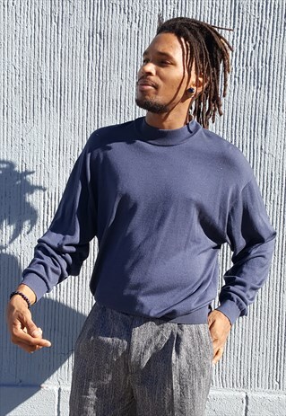 90S MINIMALIST LUXURY BLUE SILK MOCK NECK SWEATER XL