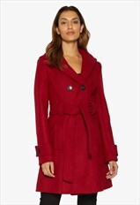 Red Shawl Hooded Slim Fit Coat With Belt