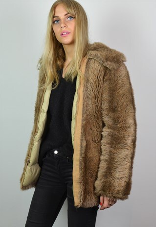 VINTAGE 90S LIGHT BROWN FAUX FUR CHUNKY PUFFER JACKET