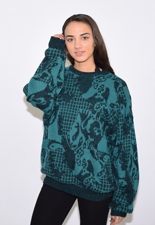 VINTAGE 90S GREEN PATTERNED KNIT JUMPER