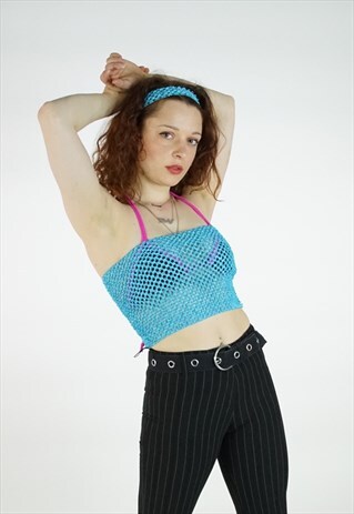 VINTAGE 90S BLUE CROTCHET BOOBTUBE TOP HEADBAND TWO-PIECE