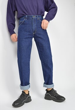 Vintage blue denim straight classic jeans trousers