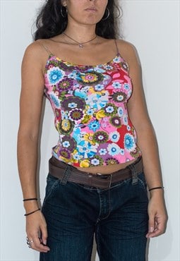 Vintage Y2k Colourful Flowers Print Stretchy Tank Top