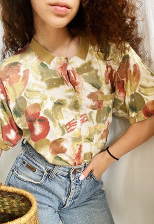 VINTAGE 80S BOTANICA APPLE FRUIT BLOUSE TOP TEE T-SHIRT