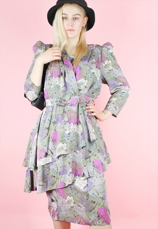 VINTAGE 90S DRESS IN GREY ABSTRACT PATTERN MIDI WITH LAYERS