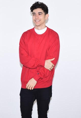 VINTAGE 90S RED TOMMY HILFIGER CREW NECK JUMPER