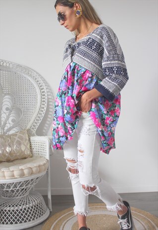TUNIC HIGH LOW SWEATER WITH FLOWERS VINTAGE