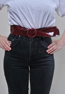 Vintage Red wide belt, shiny yoke belt MEDIUM size