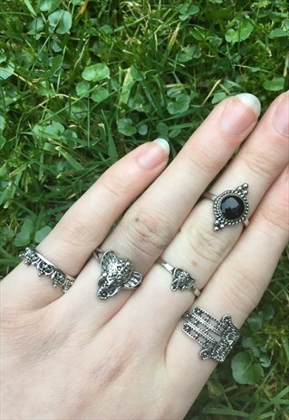 WOMENS BOHO AZTEC ELEPHANT SILVER COLOUR SET OF RINGS