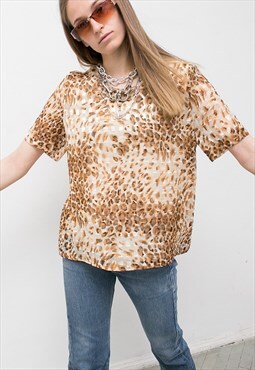 Vintage 90S Blouse Leopard Print Brown Short Sleeved Shirt 