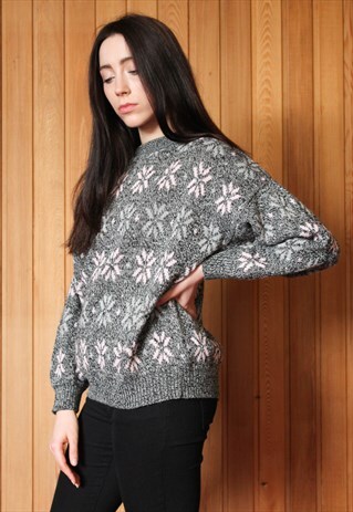 VINTAGE 1980S GREY AND PINK PATTERNED JUMPER