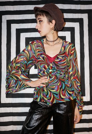 VINTAGE 90'S / Y2K PSYCHEDELIC RAINBOW MESH BELL SLEEVE TOP