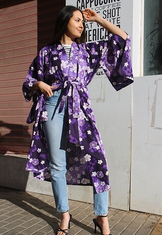 Long Floral Kimono in Black & Purple