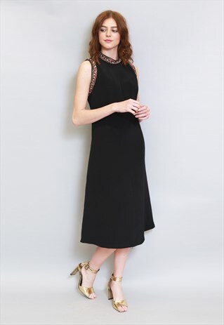 VINTAGE 1970'S BLACK & GOLD BEADED FLORAL MIDI DRESS