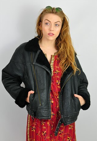 VINTAGE BLACK LEATHER SHEARLING BIKER JACKET