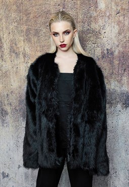 Collarless fauxfur jacket luxury fleece going out coat black