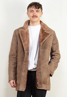 Vintage 70's Men Sheepskin Suede Coat in Beige