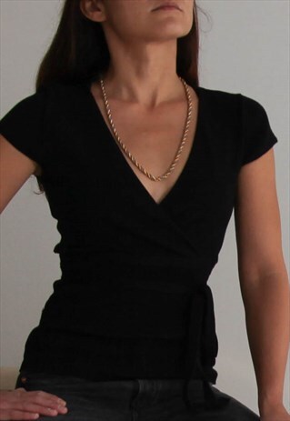 VINTAGE BLACK VISCOSE STRETCH WRAP STYLE KNIT TOP