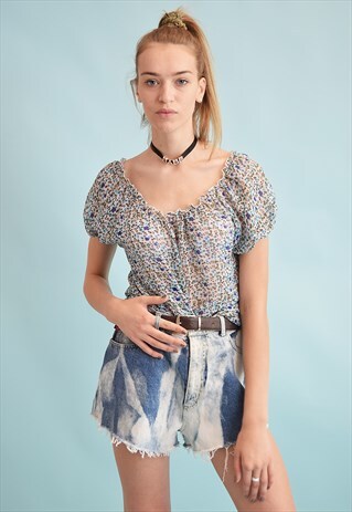 90'S RETRO BOHO FESTIVAL FLORAL PRINT SHEER TOP