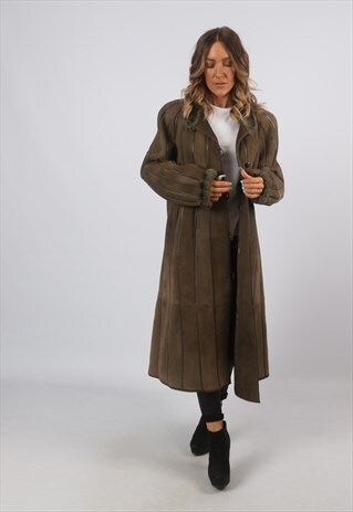 SHEEPSKIN SUEDE SHEARLING LONG COAT JACKET UK 16 (8BH)