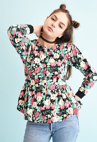 80'S RETRO FLORAL PRINT PEPLUM TOP
