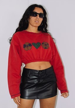 Vintage 90s Printed Reworked Crop Sweatshirt With Hearts